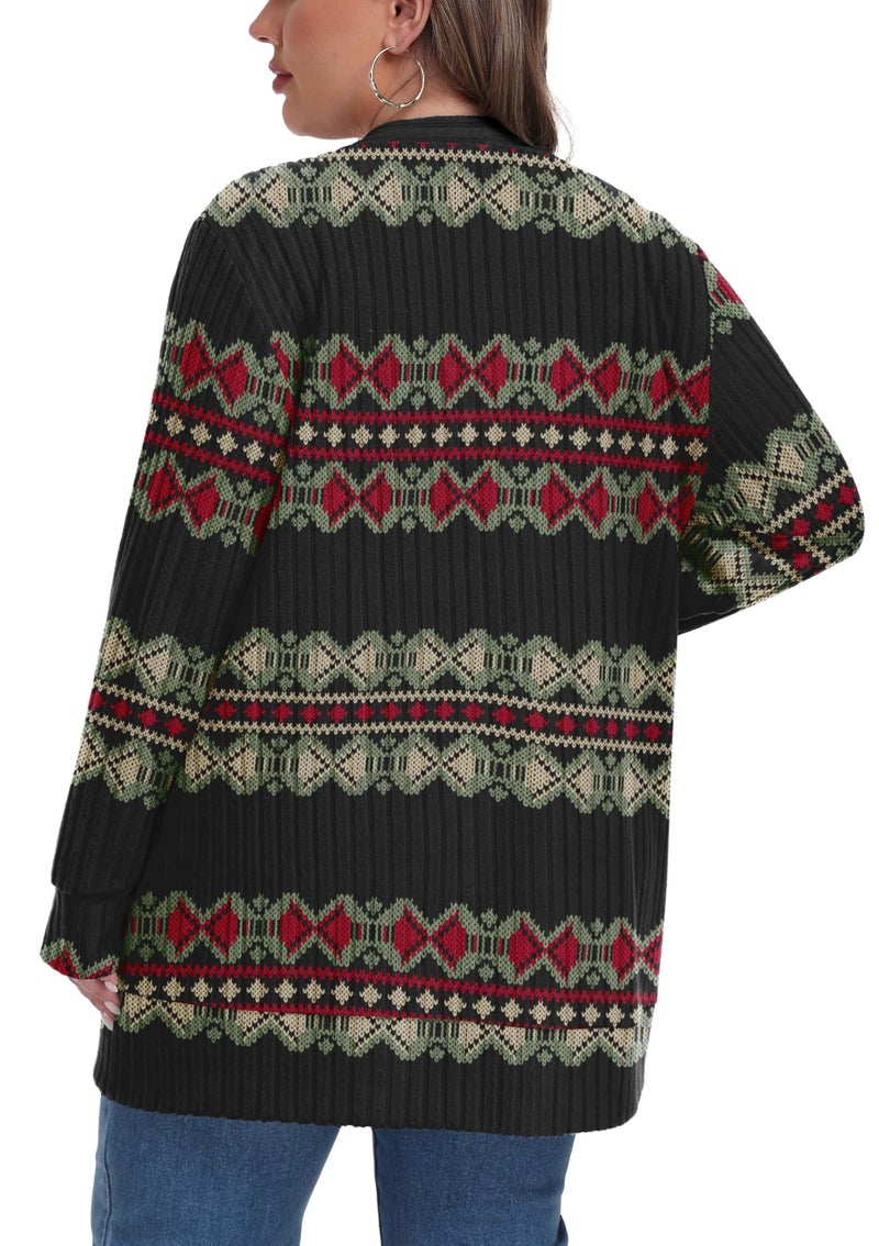 OLRIK Plus Size Womens Cardigan Long Sleeve Open Front Sweater with Pockets Light Cover Up for Airplane Office Christmas Cardigan Red Green Diamond-2X - Image 3