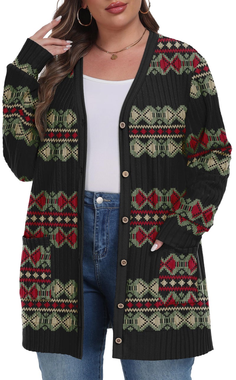 OLRIK Plus Size Womens Cardigan Long Sleeve Open Front Sweater with Pockets Light Cover Up for Airplane Office Christmas Cardigan Red Green Diamond-2X - Image 1
