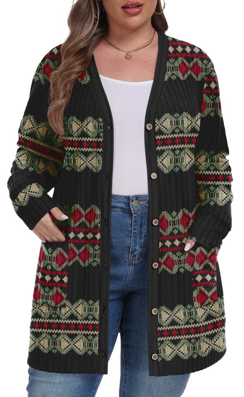OLRIK Plus Size Womens Cardigan Long Sleeve Open Front Sweater with Pockets Light Cover Up for Airplane Office Christmas Cardigan Red Green Diamond-2X - Image 2