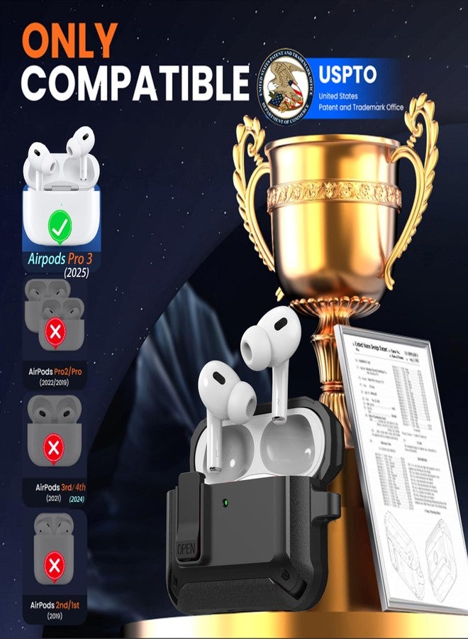متوافق مع AirPods Pro 3 Case Lock 2025، غطاء حماية مقاوم للصدمات AirPods iPod Pro الجيل الثالث للرجال والنساء مع مجموعة تنظيف وحلقة تثبيت باللون الأسود - Image 2