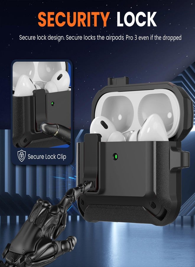 متوافق مع AirPods Pro 3 Case Lock 2025، غطاء حماية مقاوم للصدمات AirPods iPod Pro الجيل الثالث للرجال والنساء مع مجموعة تنظيف وحلقة تثبيت باللون الأسود - Image 4