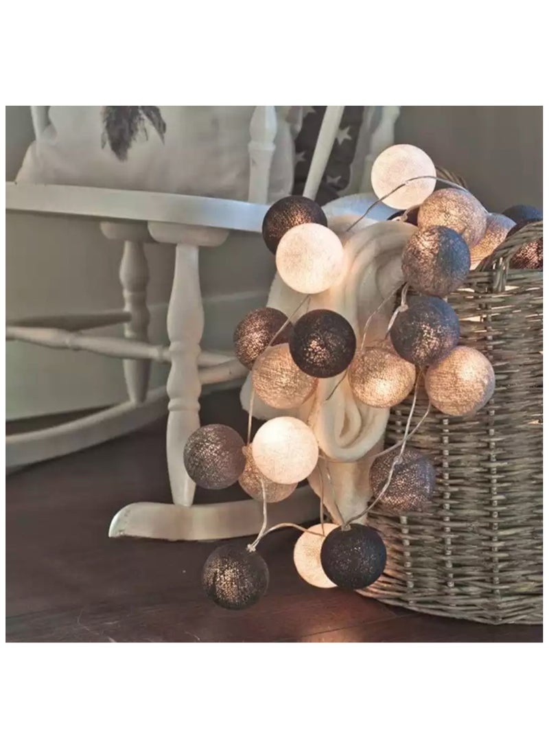 BLUE CORAL كرات قطنية 40 مصباح LED ملون بطول 6 أمتار، سلسلة أضواء خيالية للشوارع، زينة الأشجار، غرفة الأطفال، المنزل، حفلات الزفاف الخارجية، حديقة الفناء (رمادي)  - Image 2