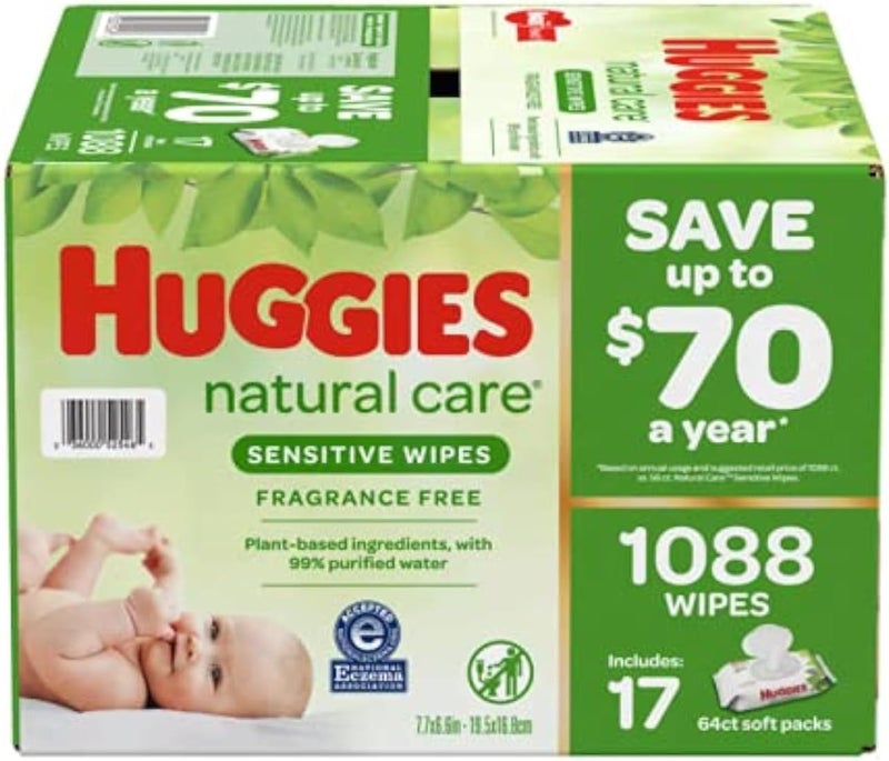 HUGGIES مناديل هاجيز الطبيعية للعناية الحساسة للأطفال - عبوة إعادة تعبئة 1,088 قطعة - Image 1