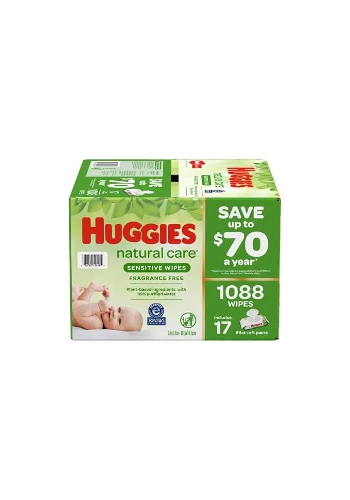 HUGGIES مناديل هاجيز الطبيعية للعناية الحساسة للأطفال - عبوة إعادة تعبئة 1,088 قطعة - Image 2