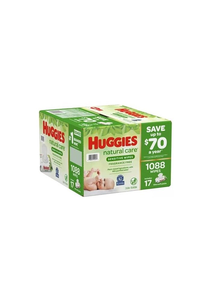 HUGGIES مناديل هاجيز الطبيعية للعناية الحساسة للأطفال - عبوة إعادة تعبئة 1,088 قطعة - Image 3