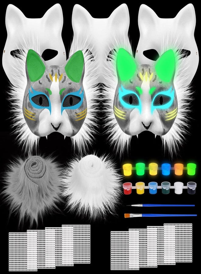 Dreamtop 15Pcs DIY Glow Therian Mask Cat Kit Includes Blank Cat Masks Faux Fur Fabric Plastic Meshes Sheets Glow and Acrylic Paint, Costume Masks for Halloween Masquerade Cosplay Party - Image 1