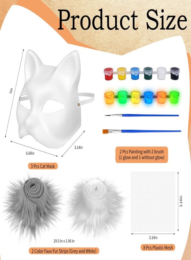 Dreamtop 15Pcs DIY Glow Therian Mask Cat Kit Includes Blank Cat Masks Faux Fur Fabric Plastic Meshes Sheets Glow and Acrylic Paint, Costume Masks for Halloween Masquerade Cosplay Party - Image 3