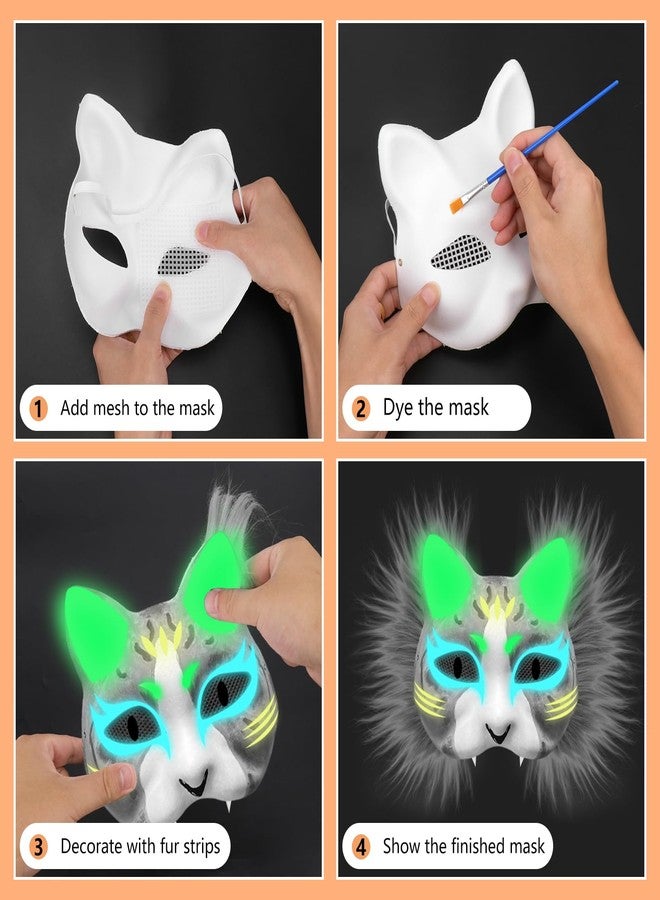 Dreamtop 15Pcs DIY Glow Therian Mask Cat Kit Includes Blank Cat Masks Faux Fur Fabric Plastic Meshes Sheets Glow and Acrylic Paint, Costume Masks for Halloween Masquerade Cosplay Party - Image 4