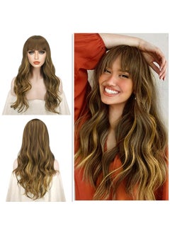 SOFEIYAN SOFEIYAN Ombre Wig with Bangs Long Curly Wavy Synthetic Wigs for Women Brown Hair Wig Heat Resistant Colorful Natural Wavy Wigs Daily Party Wigs 24 Inches Brown Mix Blonde 