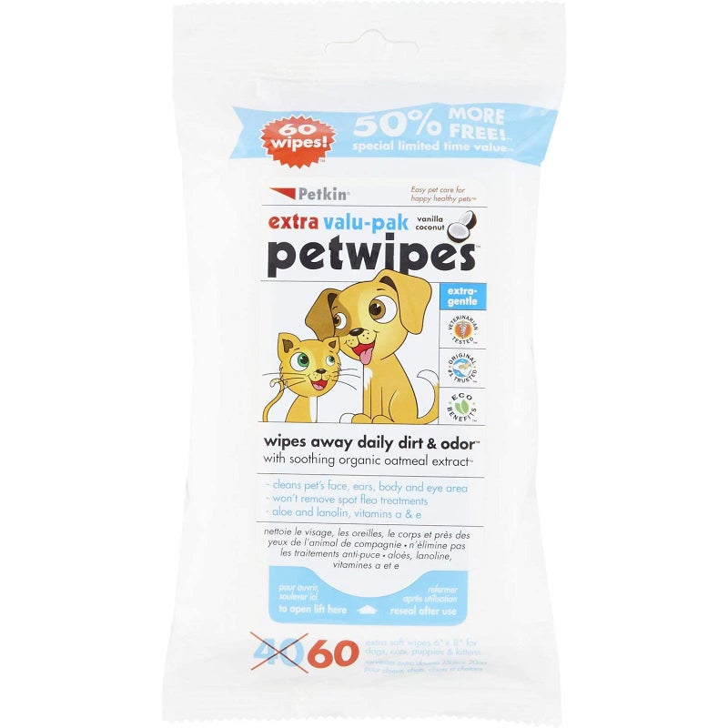 Petkin Petwipes for Dogs and Cats Extra Valu-Pack, Wipes Away Daily Dirt and Odor, Cleans Face, Ears, Body and Eye Area, Super Convenient, Ideal for Home or Travel 60 Wipes - Image 1