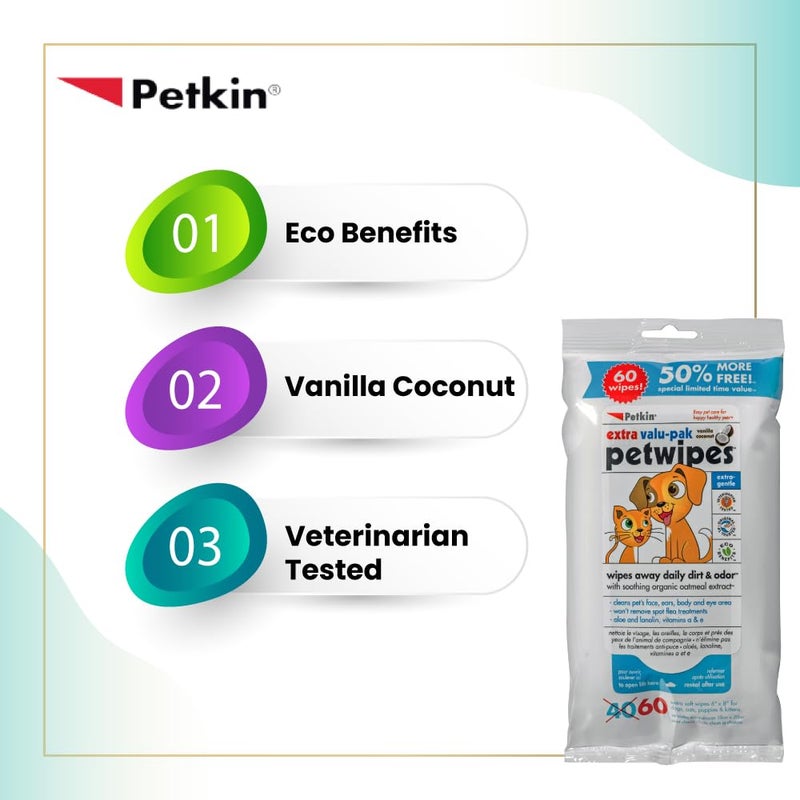 Petkin Petwipes for Dogs and Cats Extra Valu-Pack, Wipes Away Daily Dirt and Odor, Cleans Face, Ears, Body and Eye Area, Super Convenient, Ideal for Home or Travel 60 Wipes - Image 3