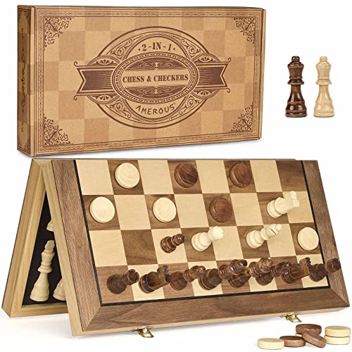 AMEROUS 15 Magnetic Wooden Chess  Checkers Game Set 2 Extra Queens 24 Cherkers Pieces  Chessmen Storage Slots Beginner Chess Set for Kids and Adults Classic 2 in 1 Board Games - Image 1