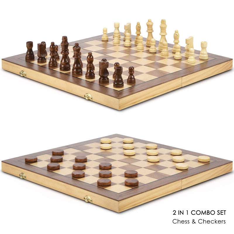 AMEROUS 15 Magnetic Wooden Chess  Checkers Game Set 2 Extra Queens 24 Cherkers Pieces  Chessmen Storage Slots Beginner Chess Set for Kids and Adults Classic 2 in 1 Board Games - Image 3