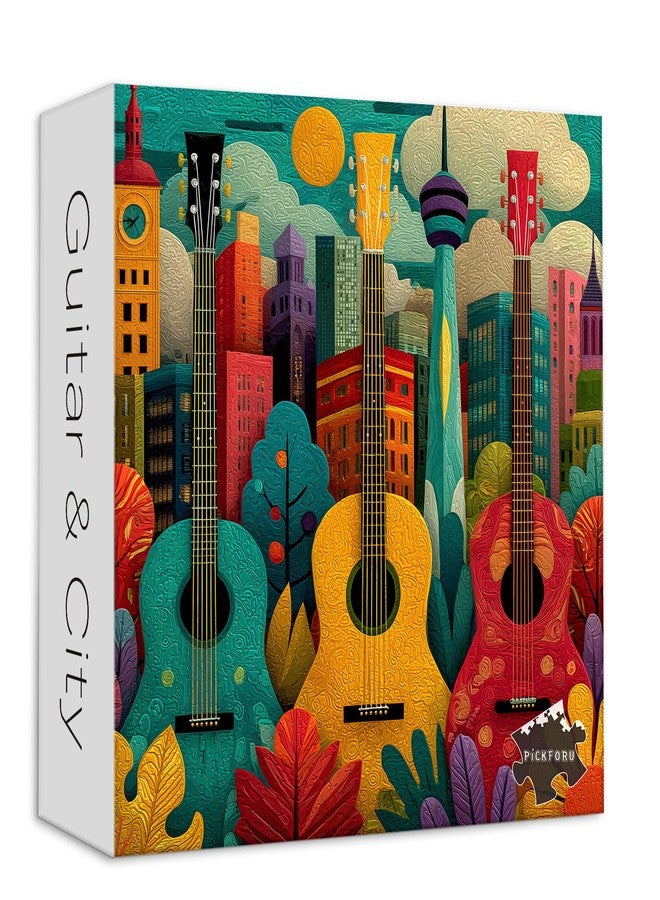 PICKFORU أحجية PICKFORU Guitar City للكبار 1000 قطعة، أحجية قرية من اللباد المبطن، أحجية فنية حديثة مطرزة - Image 1