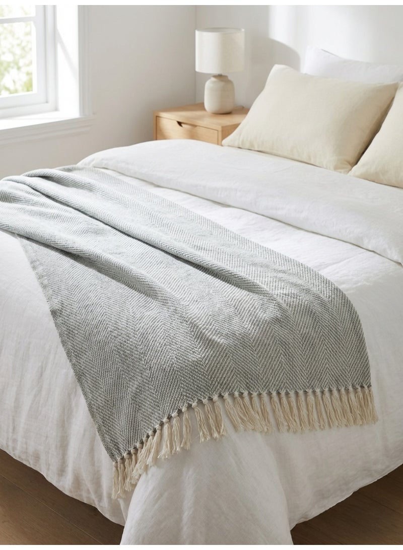 Ambrosia 130 × 160 سم بطانية قطنية خفيفة رمادية مع شرابات مريحة 400GSM مزخرفة بنمط هيرينغبون لتزيين الأريكة والسرير والسفر وديكور المنزل البوهيمي - Image 4
