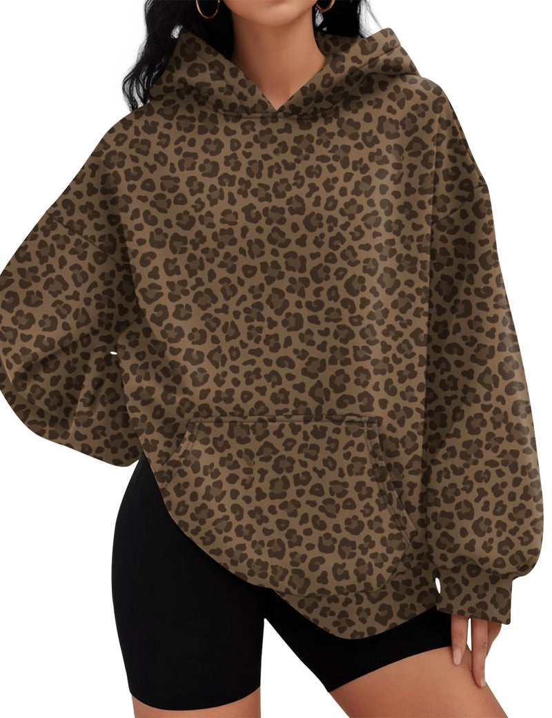 LOMON Hoodies for Women Long Sleeve Oversized Leopard Sweatshirts Casual Hooded Pullover Sweaters Top with Pocketsï¼ˆCamo-Brown Leopard Print,M - Image 1