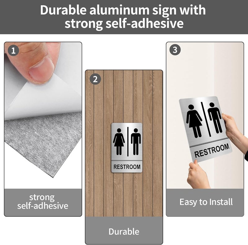 لافتة دورة مياه - (عبوة من 2) لافتات معدنية لدورات المياه للشركات مع لاصق قوي، لافتات حمام للباب أو الجدار المنزلي، لافتة حمام مثالية للجنسين للنساء والرجال، سهلة التركيب (9 × 6 بوصة للجنسين) - Image 3