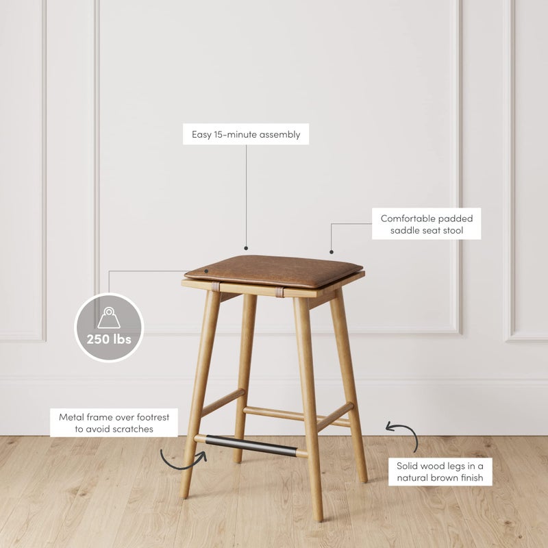 Nathan James Barker Classic Counter Height Wood Barstool with Leather Removable Cushion, Backless Island 24" Bar Stool for Kitchen, Chestnut Brown - Image 3