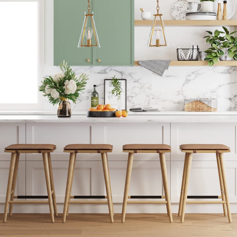 Nathan James Barker Classic Counter Height Wood Barstool with Leather Removable Cushion, Backless Island 24" Bar Stool for Kitchen, Chestnut Brown - Image 2