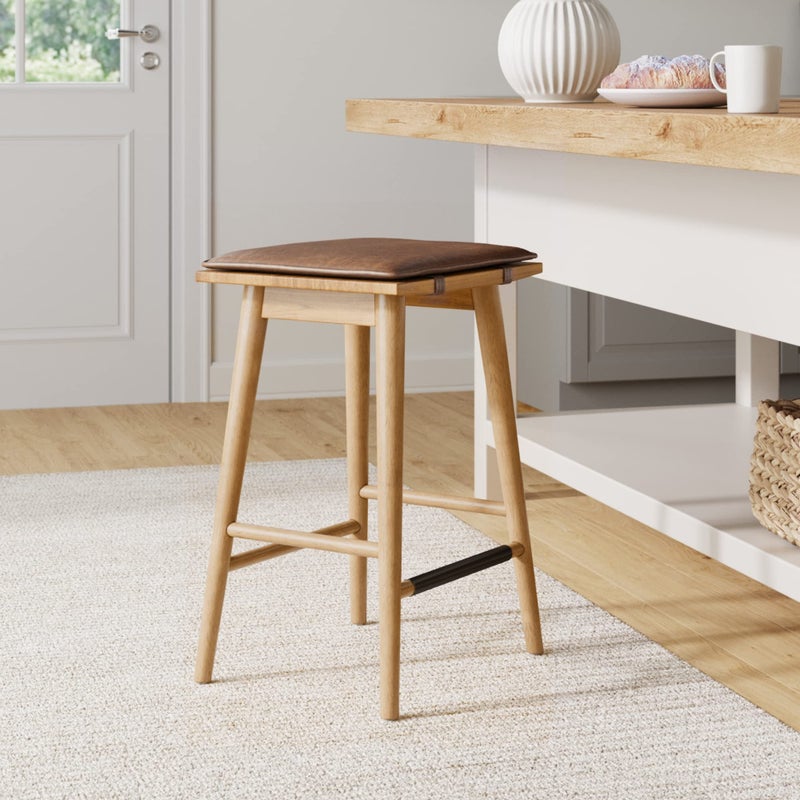 Nathan James Barker Classic Counter Height Wood Barstool with Leather Removable Cushion, Backless Island 24" Bar Stool for Kitchen, Chestnut Brown - Image 1