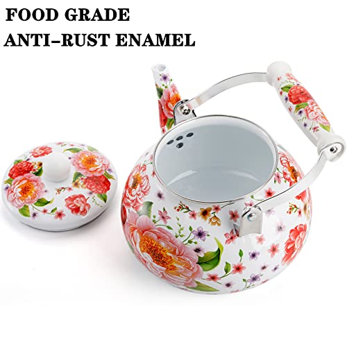 DEAYOU 2.6 Quart Enamel Tea Kettle Stovetop, Large Porcelain Enameled Teakettle, 2.5L Vintage Tea Pot with Ceramic Cool Handle, Colorful Floral Steel Teapot for Hot Water, Retro Decor, No Whistling - Image 3