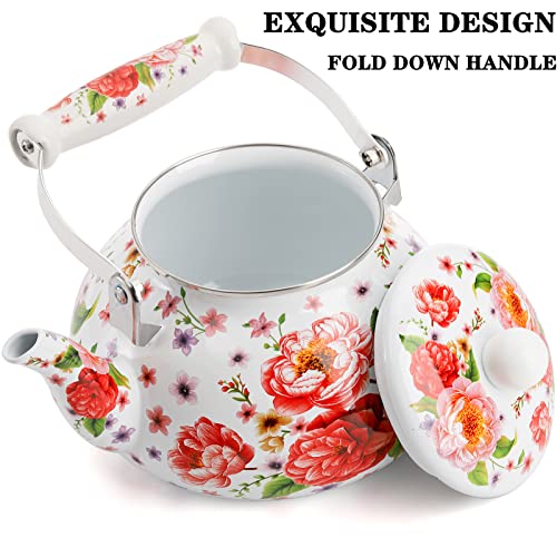 DEAYOU 2.6 Quart Enamel Tea Kettle Stovetop, Large Porcelain Enameled Teakettle, 2.5L Vintage Tea Pot with Ceramic Cool Handle, Colorful Floral Steel Teapot for Hot Water, Retro Decor, No Whistling - Image 4