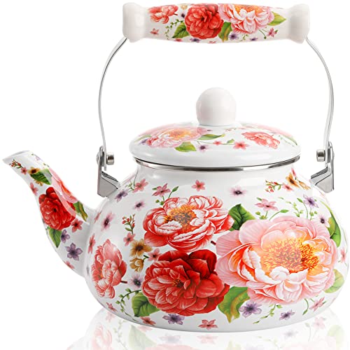DEAYOU 2.6 Quart Enamel Tea Kettle Stovetop, Large Porcelain Enameled Teakettle, 2.5L Vintage Tea Pot with Ceramic Cool Handle, Colorful Floral Steel Teapot for Hot Water, Retro Decor, No Whistling - Image 1