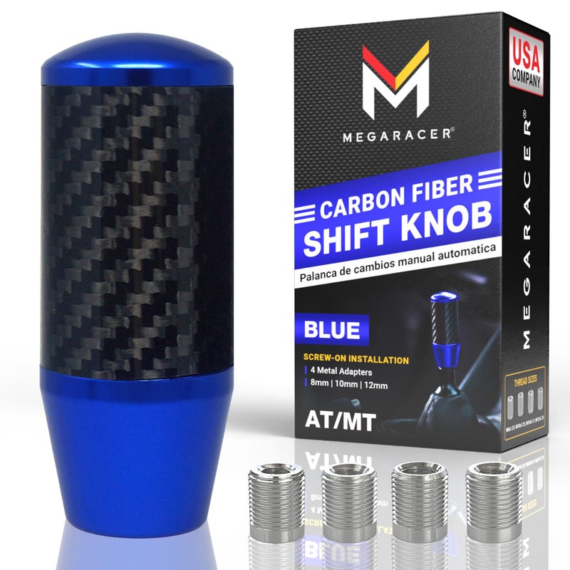 Mega Racer Premium Royal Blue Carbon Fiber Shift Knob - 4 Metal Threaded Adapters, 4 5 6 Speed Manual & Buttonless Automatic Transmission, Weighted Gear Stick Shifter Knobs (M8, M10x1.25/1.5, M12x1.25) JDM Style - Image 1