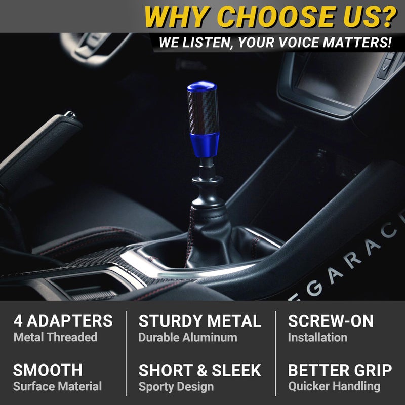 Mega Racer Premium Royal Blue Carbon Fiber Shift Knob - 4 Metal Threaded Adapters, 4 5 6 Speed Manual & Buttonless Automatic Transmission, Weighted Gear Stick Shifter Knobs (M8, M10x1.25/1.5, M12x1.25) JDM Style - Image 5