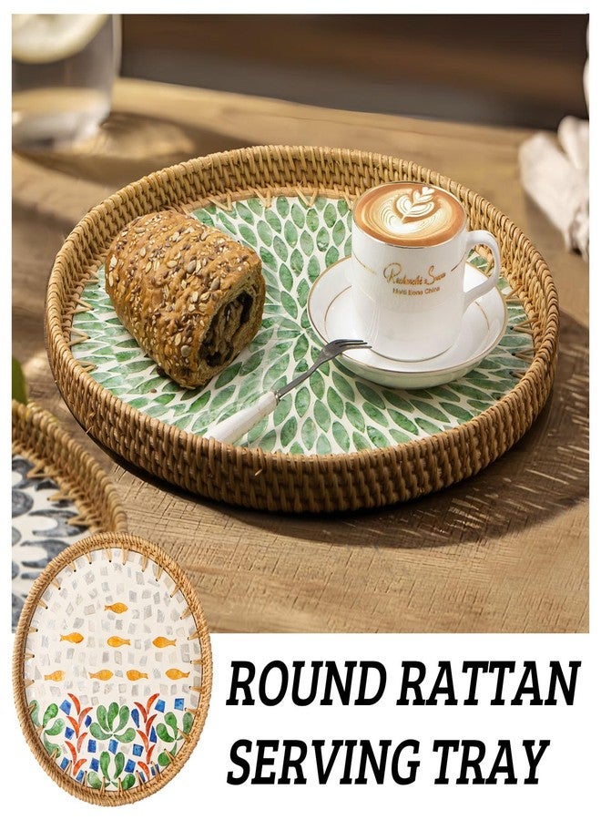 Aayoruro Round Rattan Tray with Mother of Pearl Inlay, Decorative Wicker Serving Tray with Wooden Base, Woven Basket Trays for Bread Fruits Coffee - Image 5