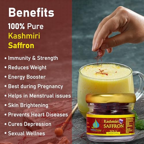 VEDAPURE Original Kashmiri Saffron (1gm), Certified A+ Grade Kashmiri Kesar For Cooking & Personal Use, Authentic, Pure & Aromatic Kashmiri Kumkuma Puvvu, Improves Overall Wellness - Image 3