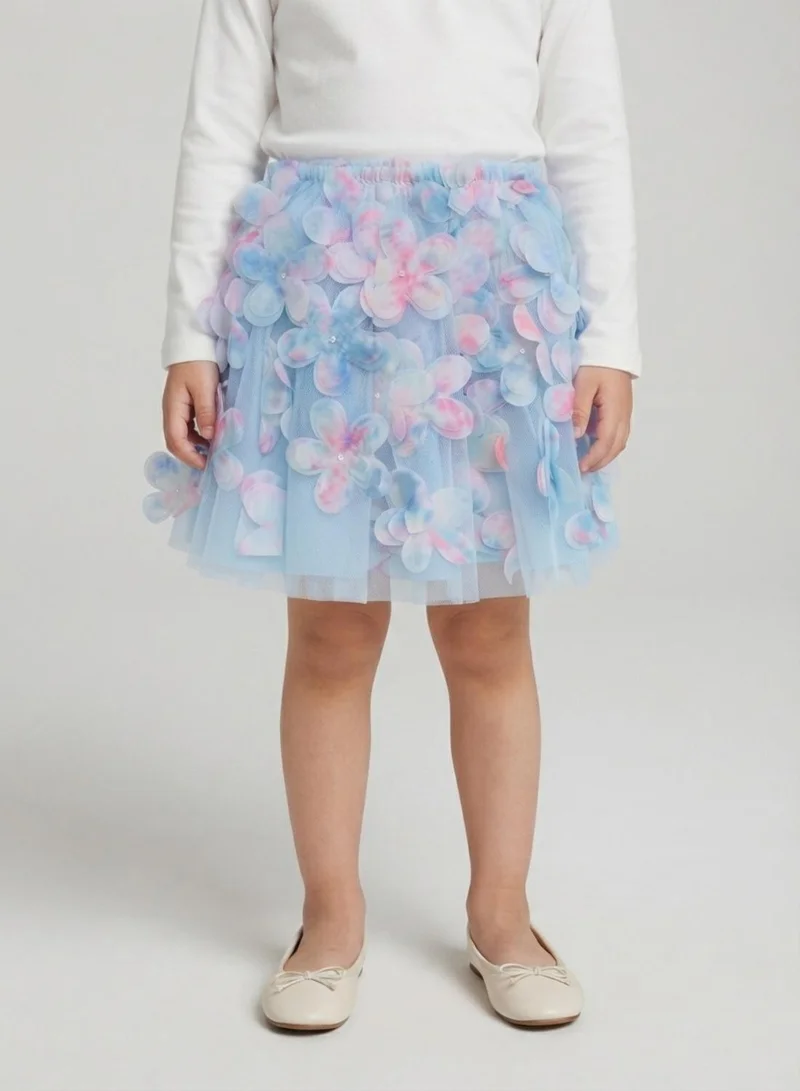 بيبي كلو Girls Blue 3D Floral Tulle Party Skirt