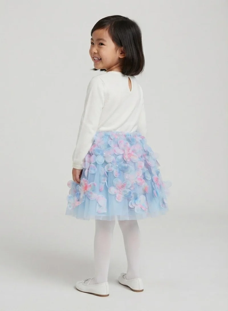 بيبي كلو Girls Blue 3D Floral Tulle Party Skirt