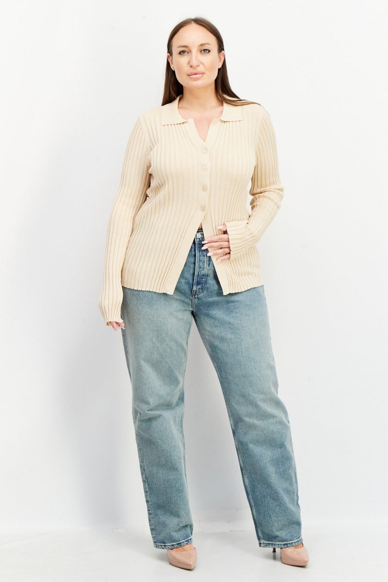 NA-KD بلوزة نسائية بأكمام طويلة وياقة منتشرة، بيج - Image 4