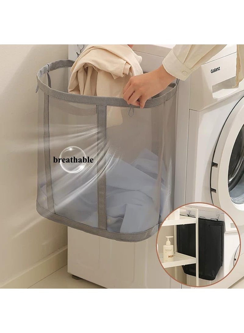 ممون سلة غسيل قابلة للطي مثبتة على الحائط، سلة شبكية من النايلون قابلة للطي مع مقابض حمل معززة للغسيل أو الحمام أو السكن الجامعي أو السفر (رمادي) - Image 5