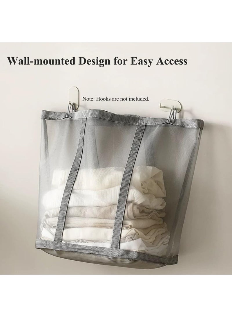 ممون سلة غسيل قابلة للطي مثبتة على الحائط، سلة شبكية من النايلون قابلة للطي مع مقابض حمل معززة للغسيل أو الحمام أو السكن الجامعي أو السفر (رمادي) - Image 3