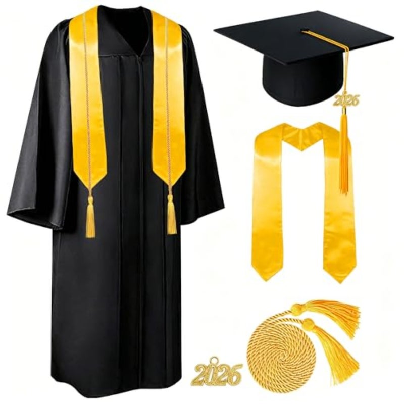 Yoawllty Graduation Gown Set - 2024 Graduation Decorations With Gown, Cap, Year Charm, Hanging Tassel, Gold Stole For Graduation Ceremony Polyester Fabric One Size Fits Most Elegant Academic Attire - Image 1