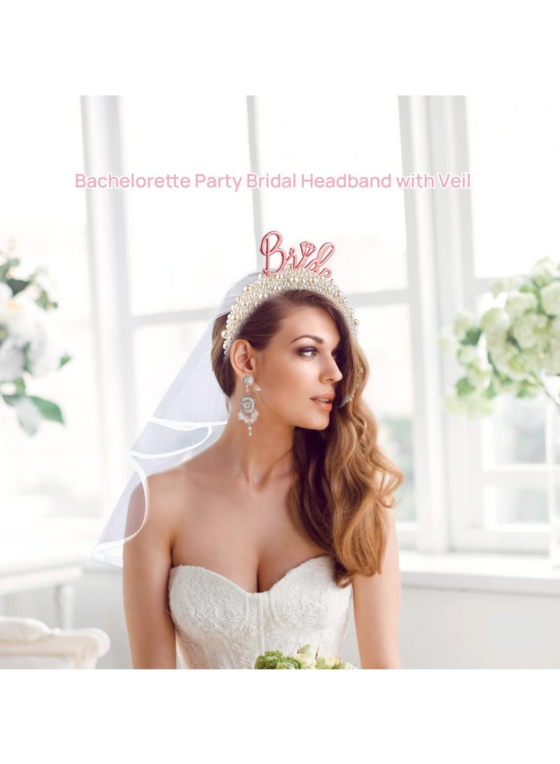 SOLARAE Bride Headband, Bride To Be Headband for Bridal Shower Gift Elegent Pearl Bridal Headband with Veil Bachelorette Party Decorations Bride Accessories (Rose Gold) - Image 5