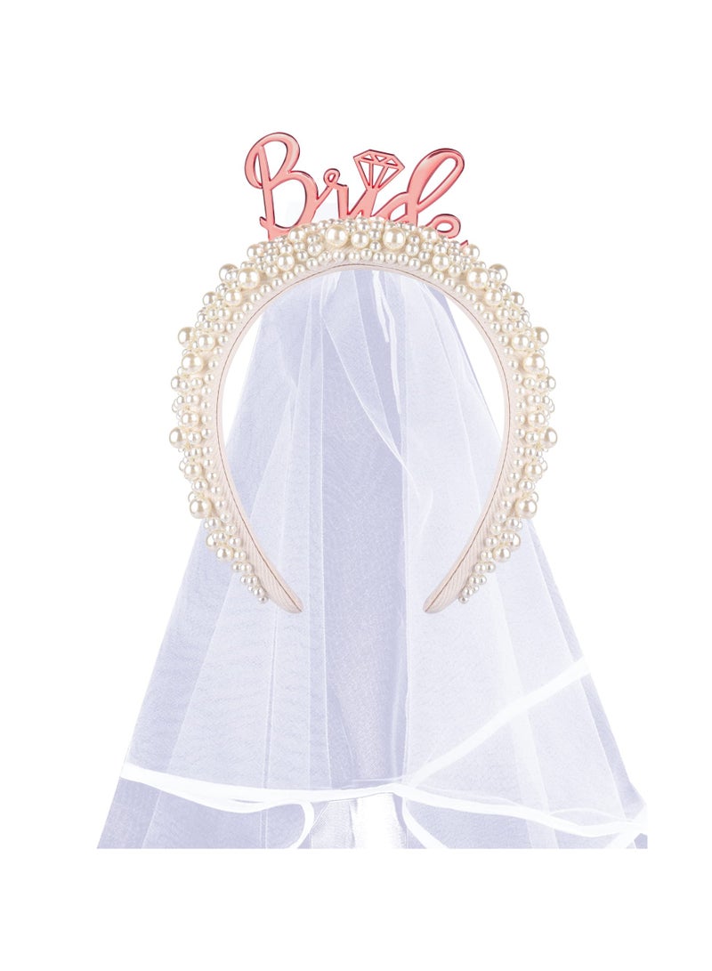 SOLARAE Bride Headband, Bride To Be Headband for Bridal Shower Gift Elegent Pearl Bridal Headband with Veil Bachelorette Party Decorations Bride Accessories (Rose Gold) - Image 4