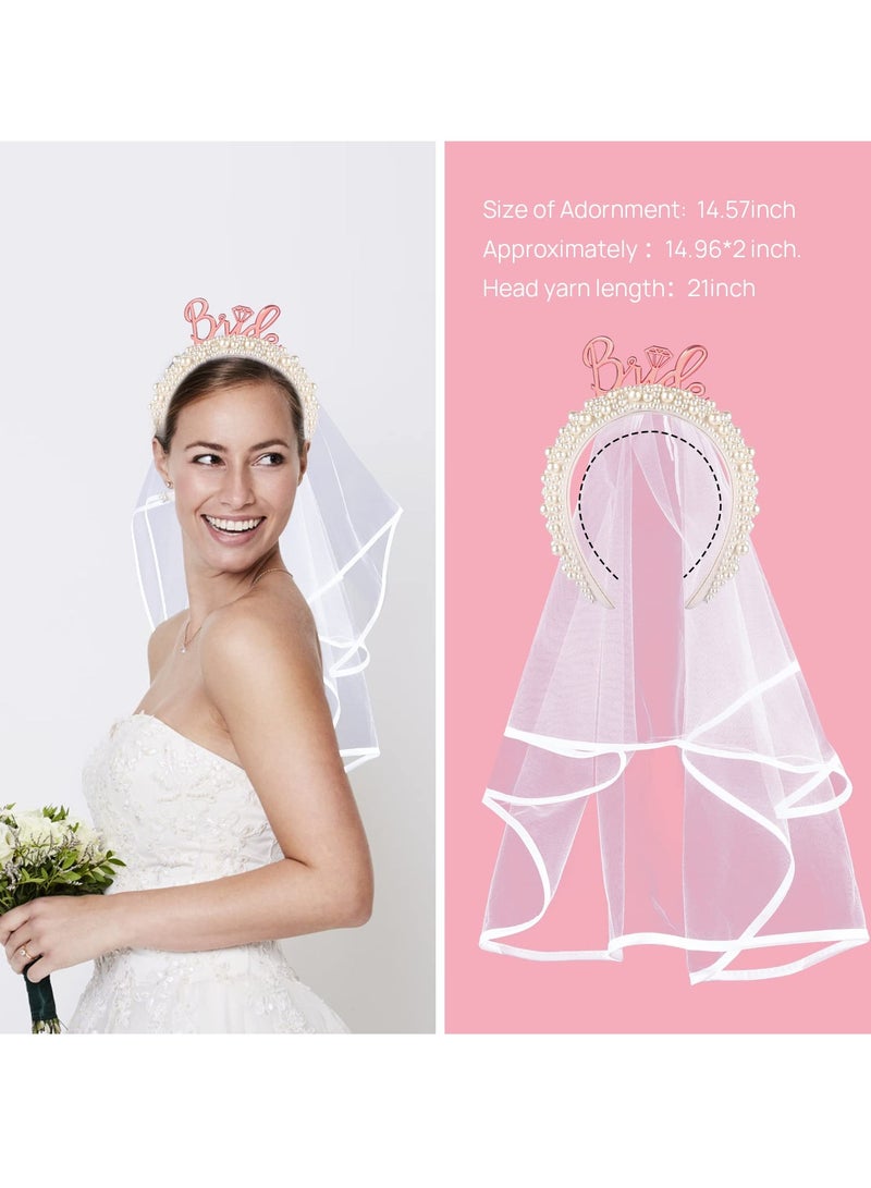 SOLARAE Bride Headband, Bride To Be Headband for Bridal Shower Gift Elegent Pearl Bridal Headband with Veil Bachelorette Party Decorations Bride Accessories (Rose Gold) - Image 2