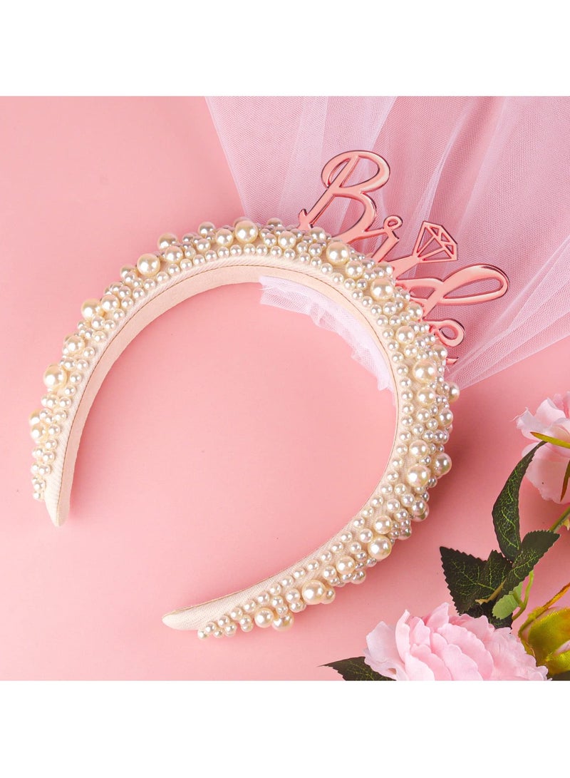SOLARAE Bride Headband, Bride To Be Headband for Bridal Shower Gift Elegent Pearl Bridal Headband with Veil Bachelorette Party Decorations Bride Accessories (Rose Gold) - Image 1
