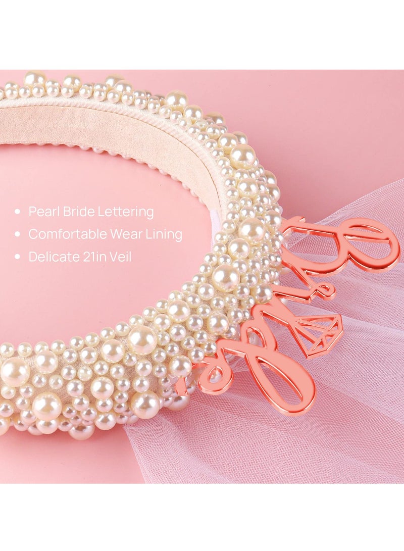 SOLARAE Bride Headband, Bride To Be Headband for Bridal Shower Gift Elegent Pearl Bridal Headband with Veil Bachelorette Party Decorations Bride Accessories (Rose Gold) - Image 3