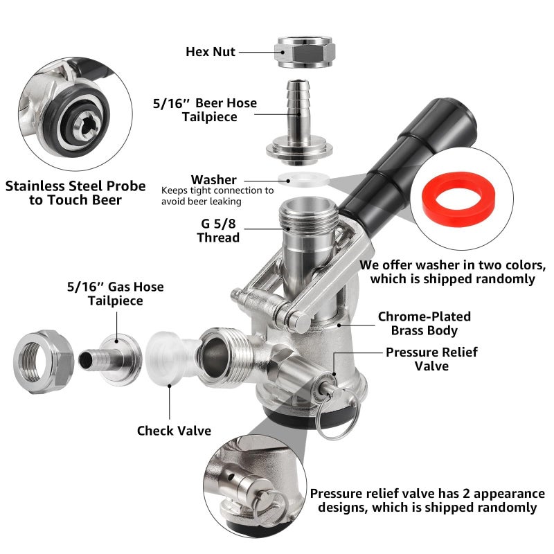 MRbrew Keg Coupler, Commercial Sankey Kegerator D System Keg Tap Stainless Probe Brass Body Beer Tap Dispenser for I.D 5/16'' Brewing Beer Line Gas Tubing with Check Valve Sealing Washer Hose Clamp - Image 2