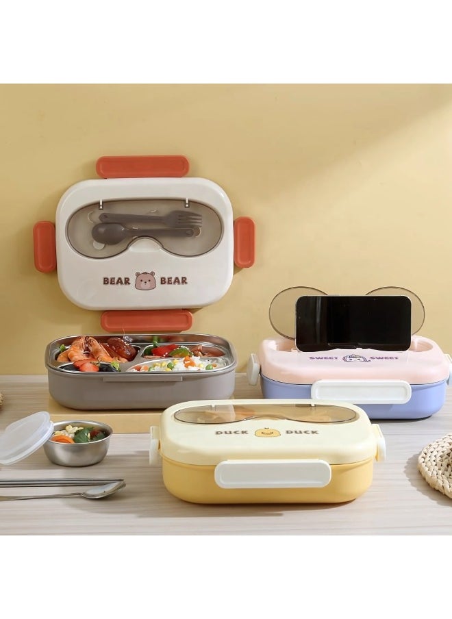 Twisoo Twisoo Cute Cartoon Bento Stainless Steel Lunch Box Double Decker With Soup Bowl, Plastic Spoon, Fork, Steel Spoon and Pair of Chopsticks, BPA Free Leakproof Spill proof 3 Compartment (Yellow)  - Image 4