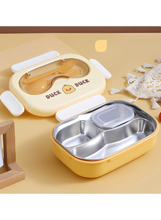 Twisoo Twisoo Cute Cartoon Bento Stainless Steel Lunch Box Double Decker With Soup Bowl, Plastic Spoon, Fork, Steel Spoon and Pair of Chopsticks, BPA Free Leakproof Spill proof 3 Compartment (Yellow)  - Image 3