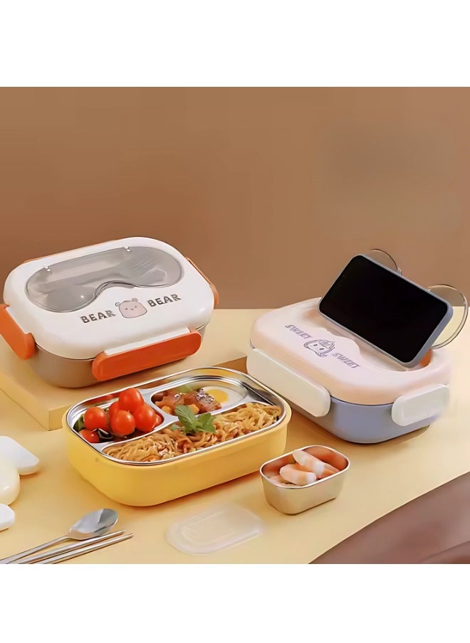 Twisoo Twisoo Cute Cartoon Bento Stainless Steel Lunch Box Double Decker With Soup Bowl, Plastic Spoon, Fork, Steel Spoon and Pair of Chopsticks, BPA Free Leakproof Spill proof 3 Compartment (Yellow)  - Image 5