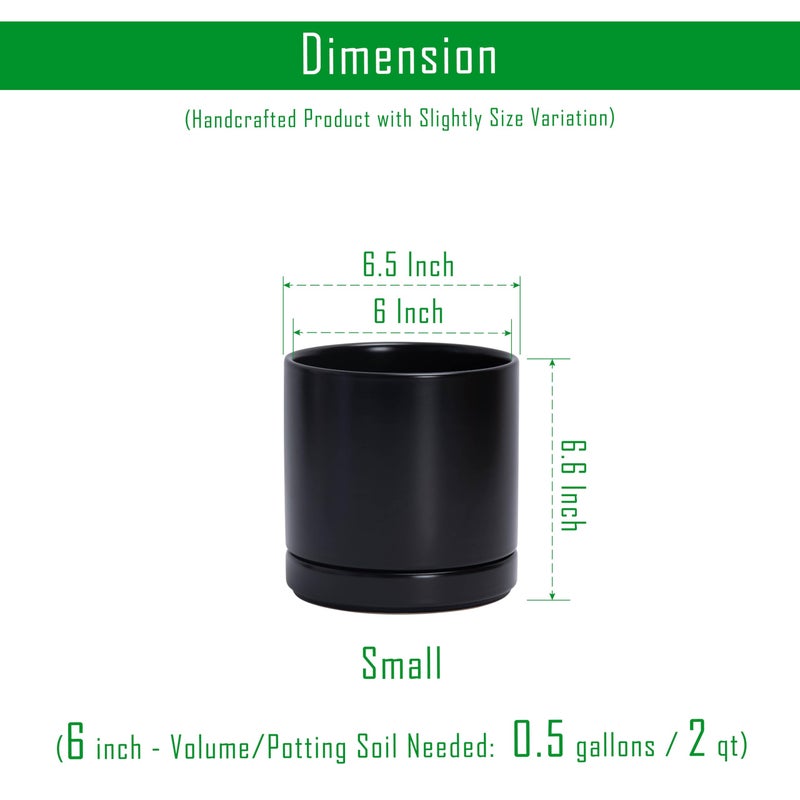 D'vine Dev Set of 2 Plants Pots, 6.5 Inch Ceramic Planter Pot for Plants with Drainage Hole and Saucer, Black, 94-V-C-2 - Image 3