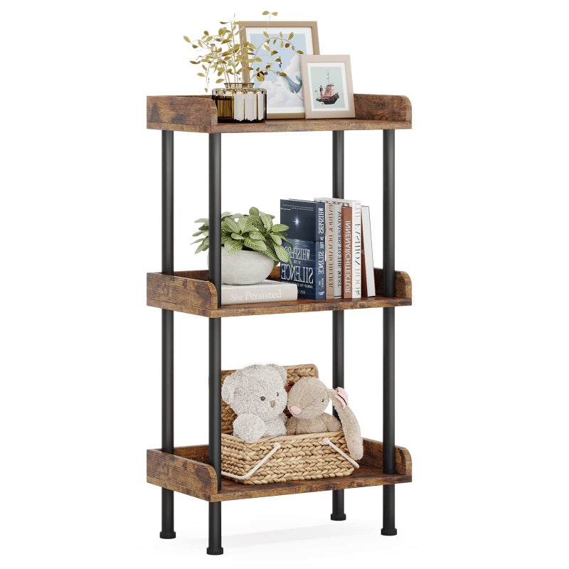 Hosfais Bookshelf Small Book Shelf, 3 Tier Wood Bookcase Industrial Bookshelf Metal Standing Book Shelves Display Book Rack for Living Room Bedroom Home Office (Rustic Brown) - Image 1