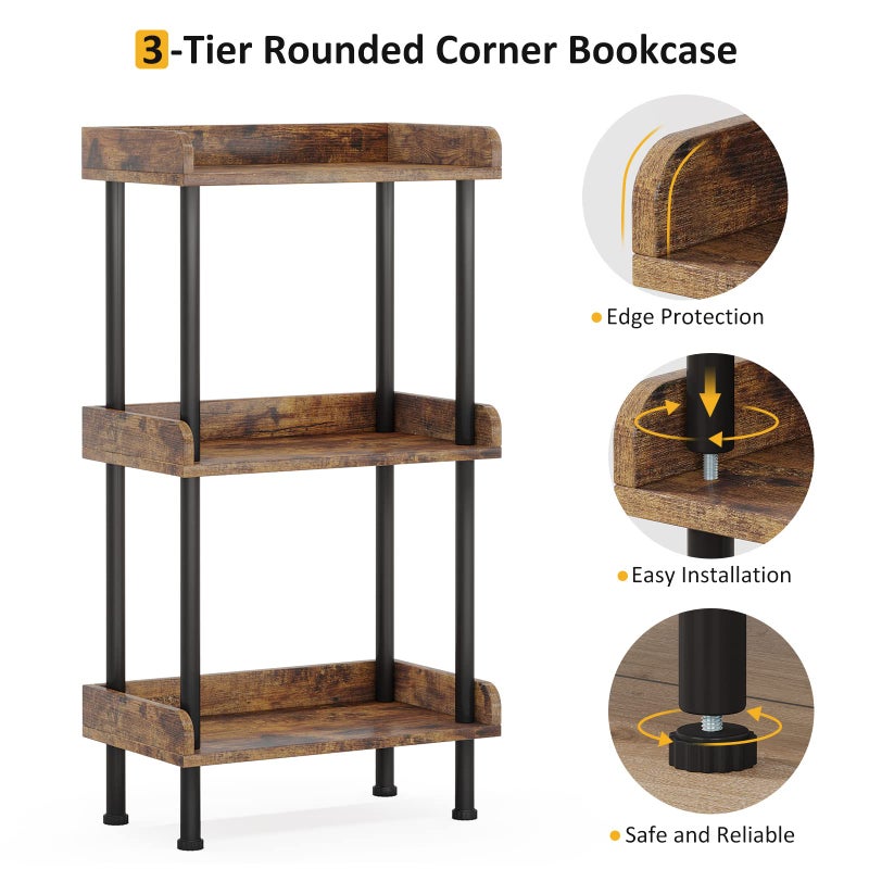 Hosfais Bookshelf Small Book Shelf, 3 Tier Wood Bookcase Industrial Bookshelf Metal Standing Book Shelves Display Book Rack for Living Room Bedroom Home Office (Rustic Brown) - Image 4