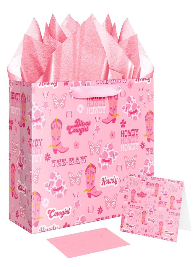 XiaosRen Large Cowgirl Gift Bag with Tissue Paper, Pink Western Gift Bag with Card for Girl Women Birthday Party Supplies, Presents Wrapping. - Image 1